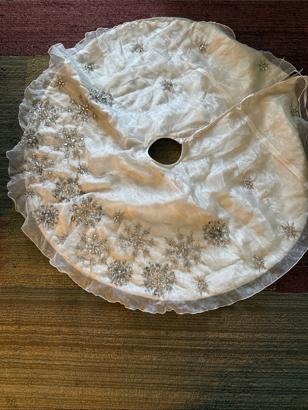 Pier 1 pale grey/silver Beaded Tulle Tree Skirt with Snowflake Embellishments